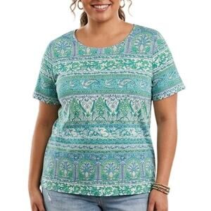 The Talbots Tee Womens Size 2X Aqua Green Paisley Knit Top Crew Neck Cotton Top
